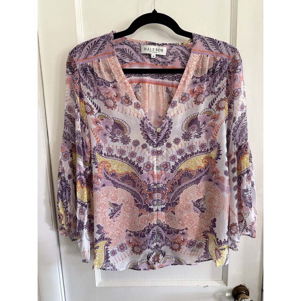 Hale Bob Paisley Floral Print 100% Silk Bell Sleeve V Neck Top Size M Boho